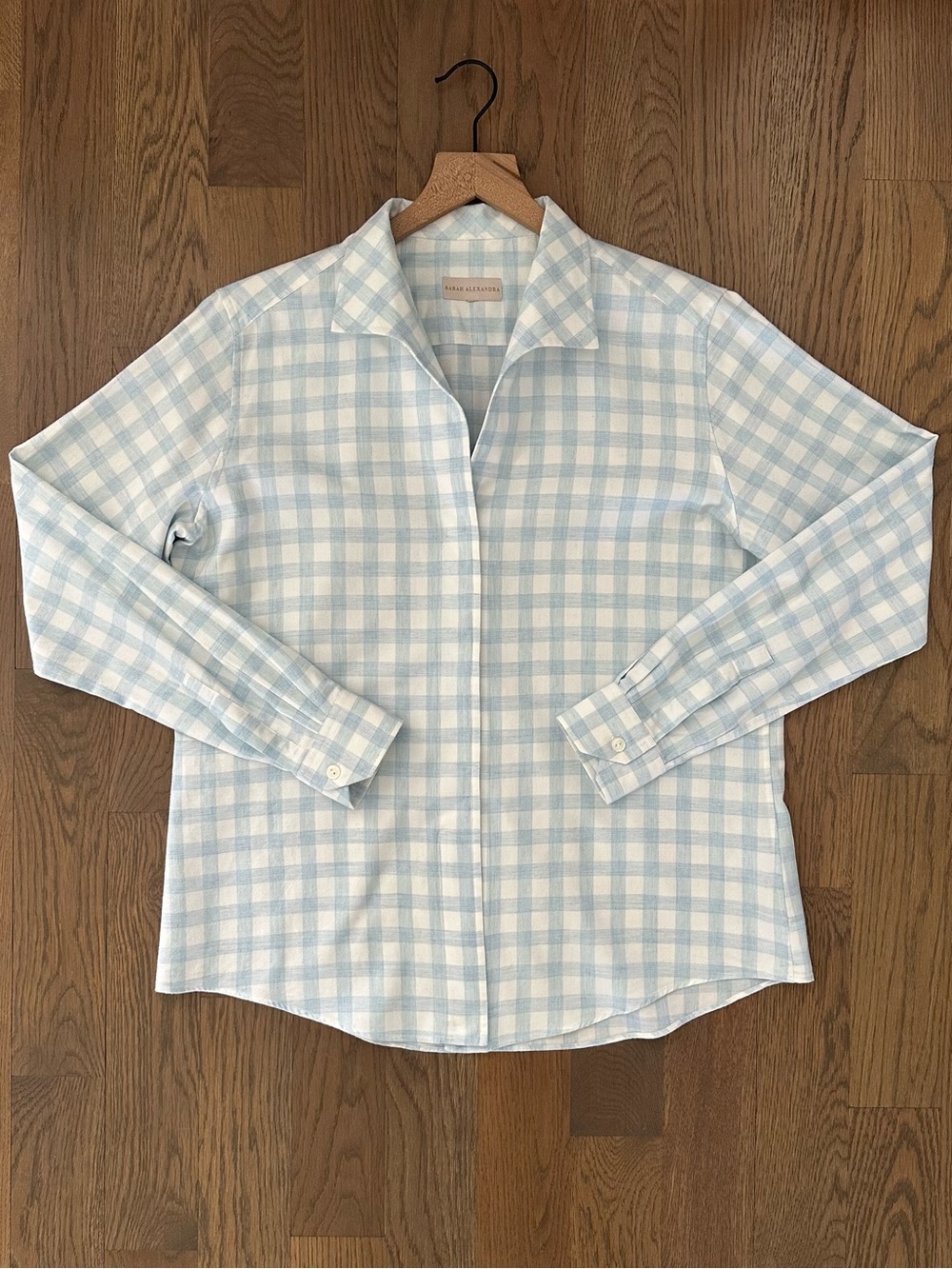 Sarah Alexandra Cotton Cashmere Flannel Gingham Signature Shirt Blue & White L